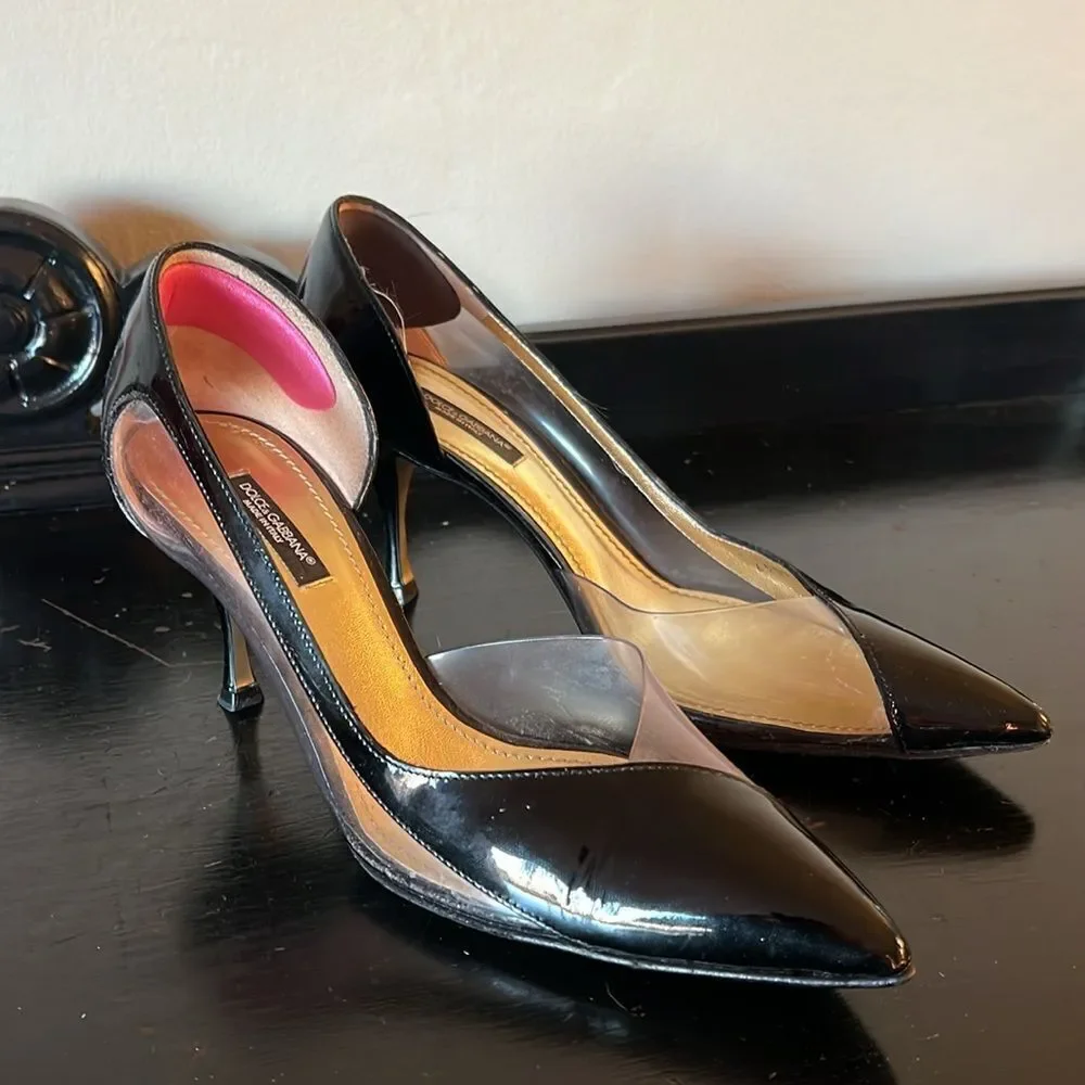 90s Dolce & Gabbana Black Patent Leather & Clear Cutout Heels